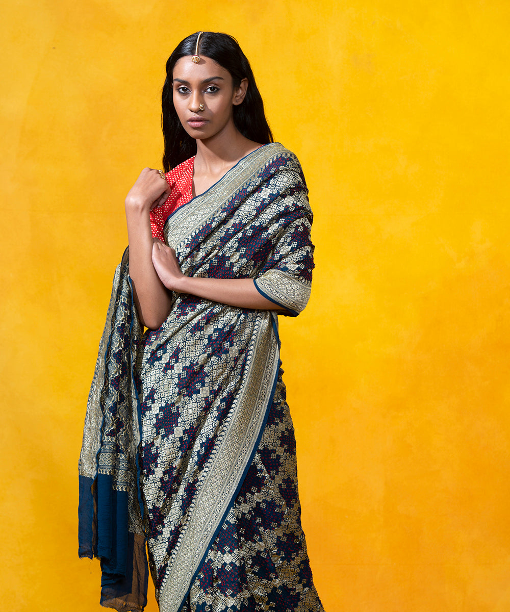 Handloom_Navy_blue_Georgette_Banarasi_Saree_with_Zari_Border_WeaverStory_01