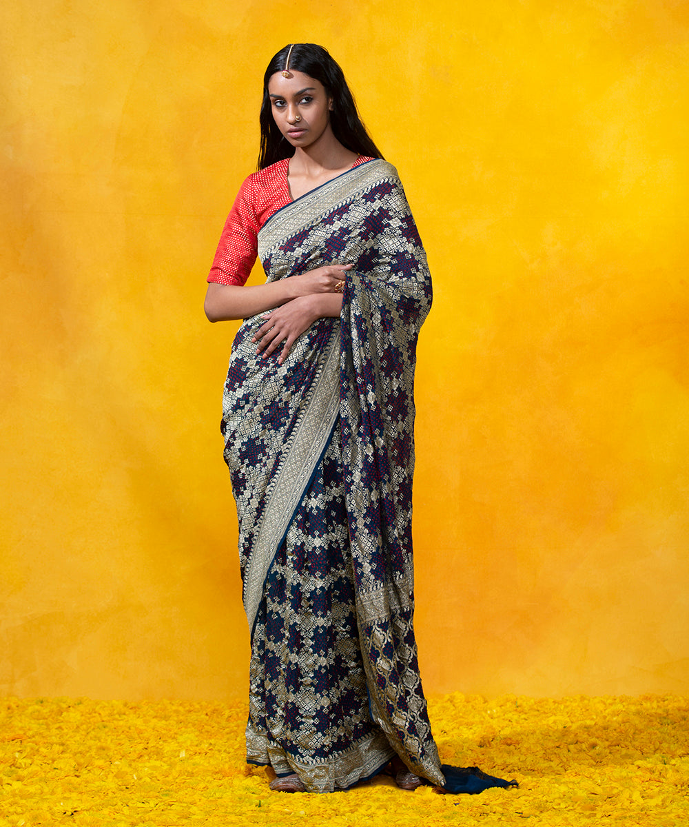 Handloom_Navy_blue_Georgette_Banarasi_Saree_with_Zari_Border_WeaverStory_02