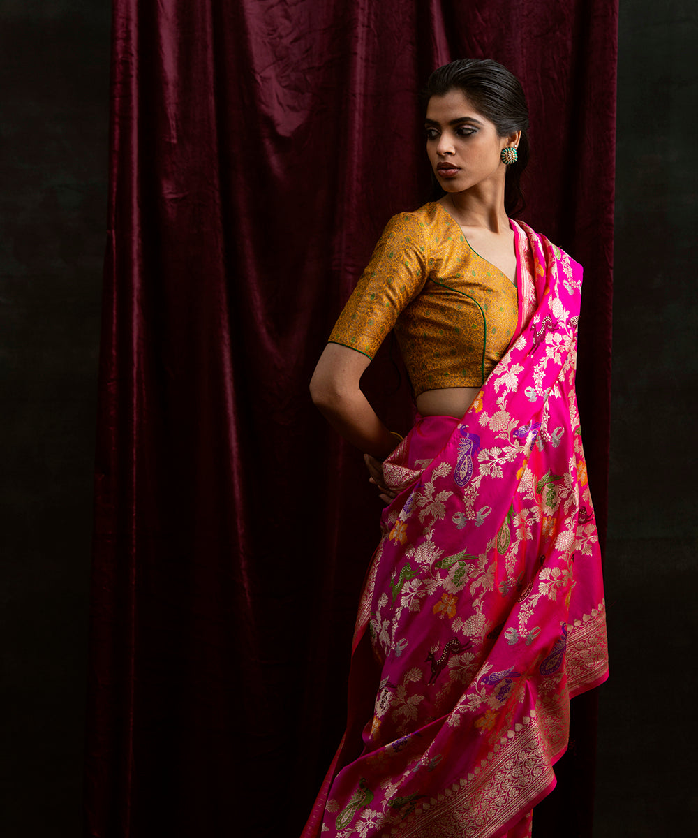 Handloom_Hot_Pink_Shikargah_Pure_Katan_Silk_Banarasi_Saree_With_Meenakari_WeaverStory_01