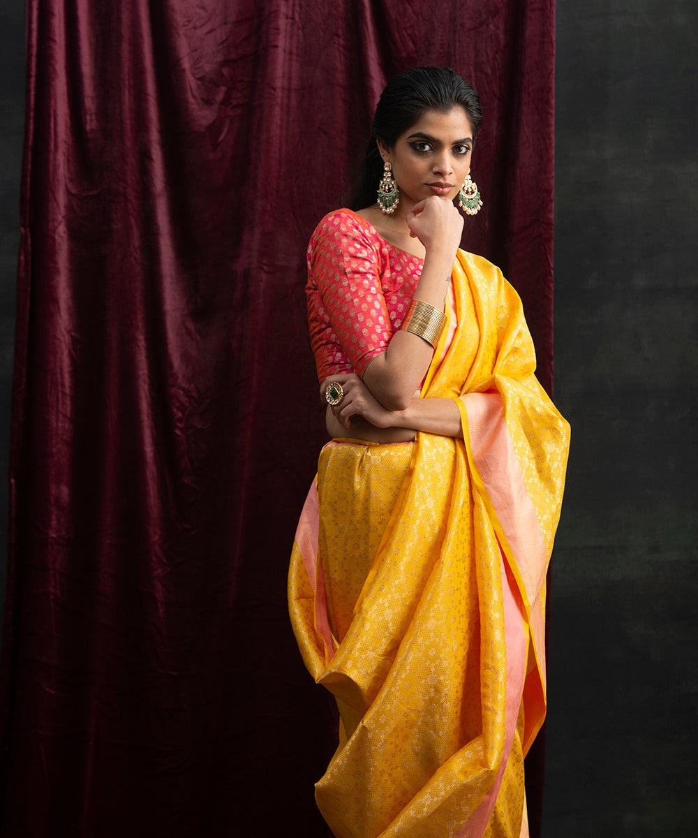 In Full Bloom Citrus Saree with Floral Embroidered Blouse – Talking Threads