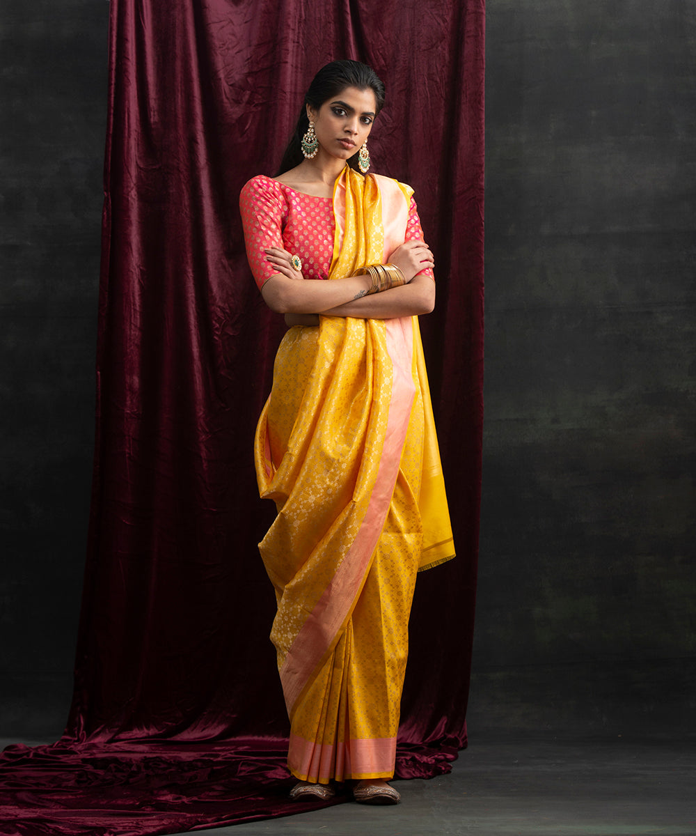 Hot Pink And Yellow Patch Border Work Half And Half Saree -