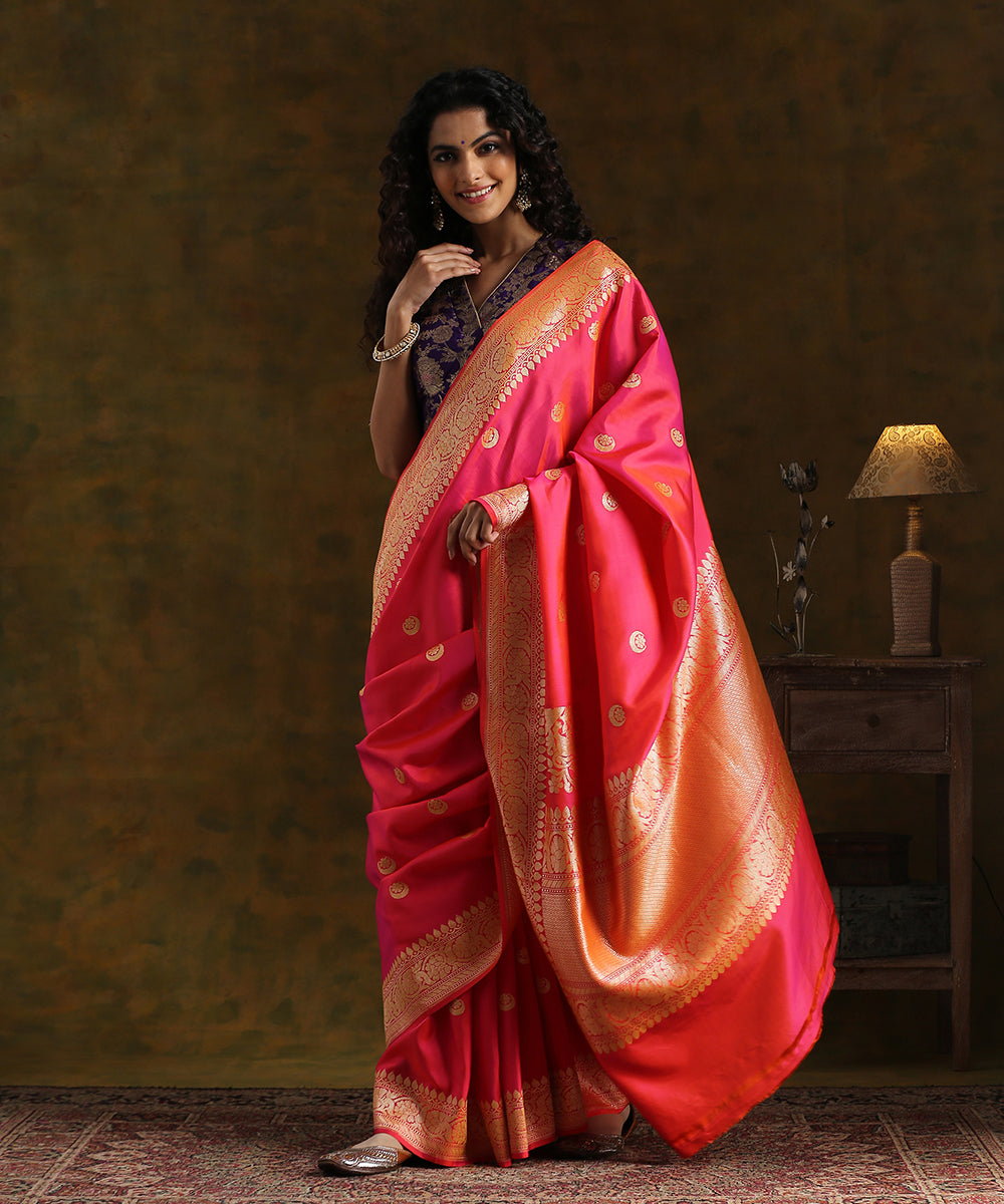 Handloom_Hot_Pink_And_Orange_Pure_Katan_Silk_Chaand_Boota_Banarasi_Saree_WeaverStory_02