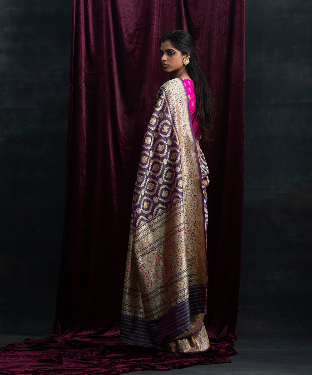 Handloom_Purple_Pure_Katan_Silk_Jangla_Banarasi_Saree_With_Orange_Meenakari_WeaverStory_03