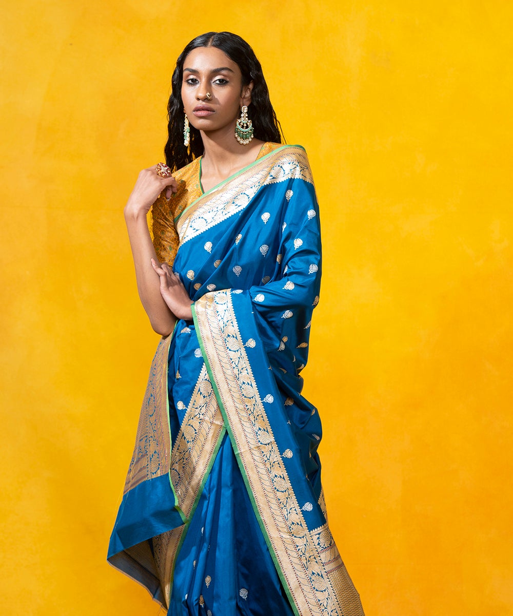 Handloom_Blue_Pure_Katan_Silk_Banarasi_Saree_With_Gold_And_Silver_Zari_Kadhwa_Booti_WeaverStory_01