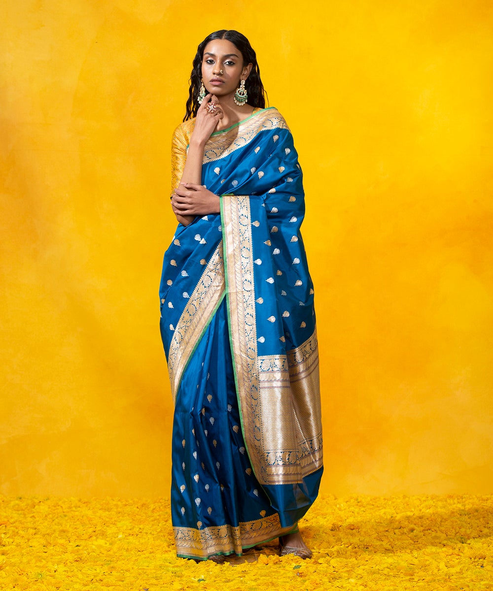 Handloom_Blue_Pure_Katan_Silk_Banarasi_Saree_With_Gold_And_Silver_Zari_Kadhwa_Booti_WeaverStory_02