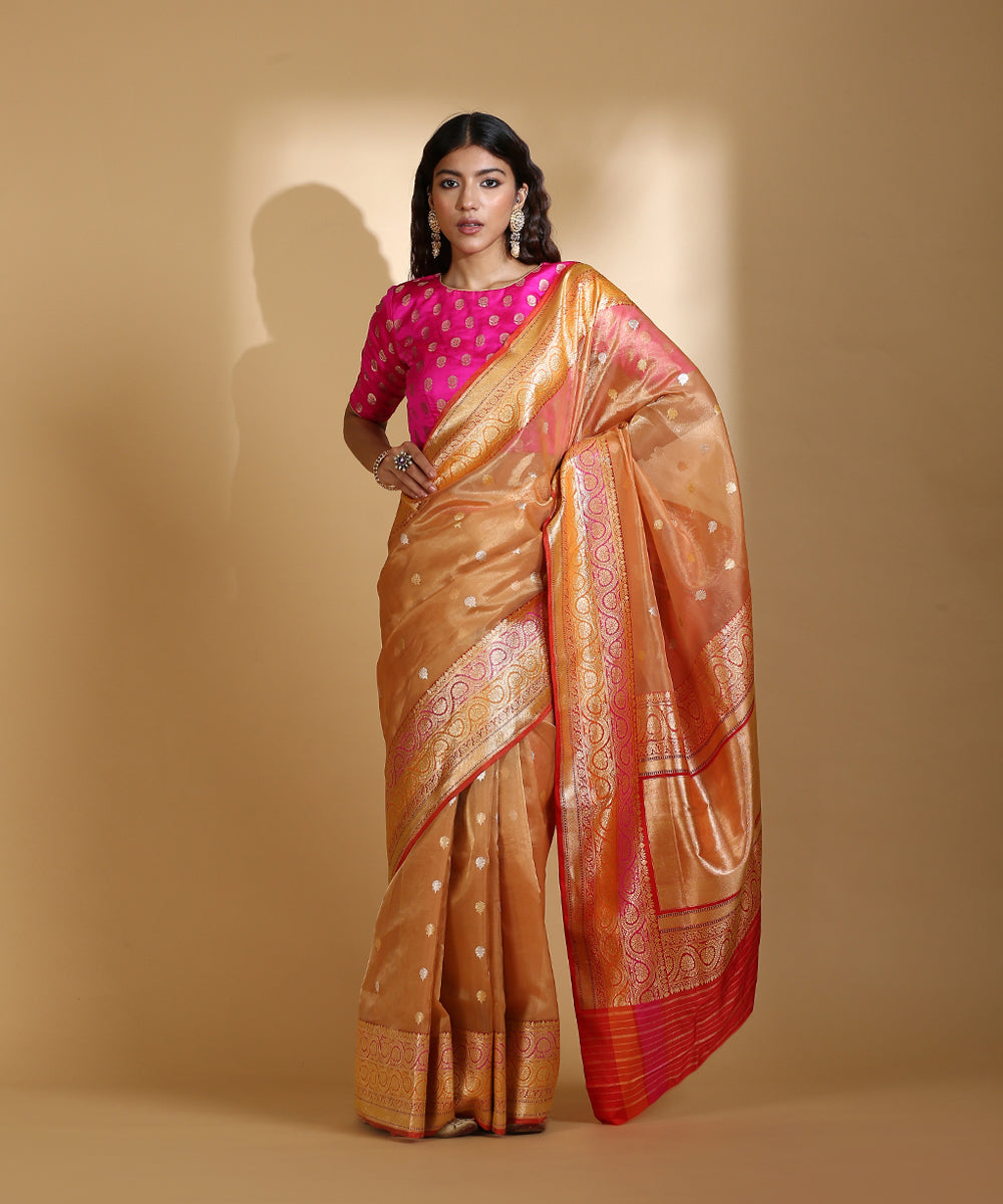 Orange_Handloom_Silk_Tissue_Banarasi_Saree_With_Gold_And_Silver_Zari_Kadhwa_Booti_WeaverStory_02