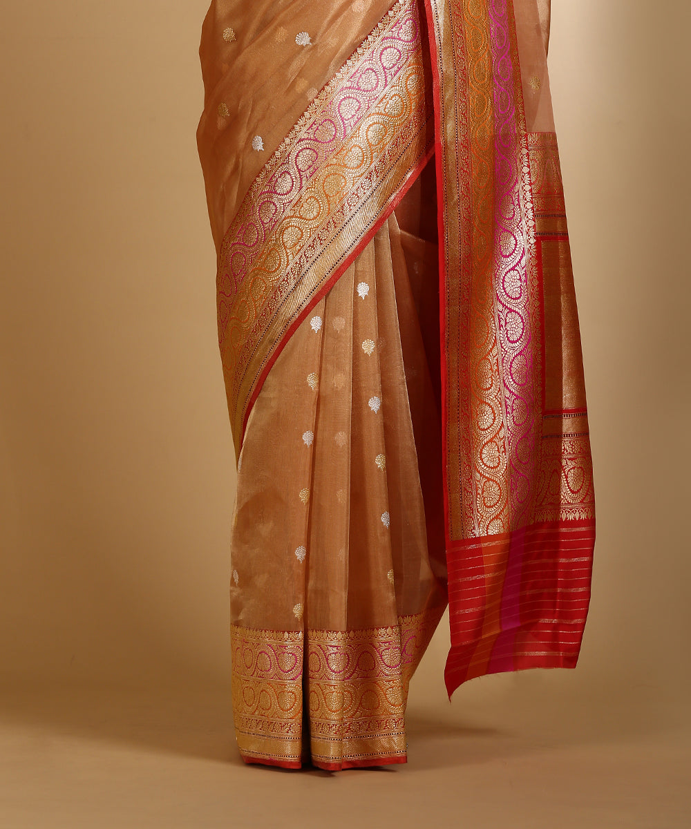 Orange_Handloom_Silk_Tissue_Banarasi_Saree_With_Gold_And_Silver_Zari_Kadhwa_Booti_WeaverStory_04