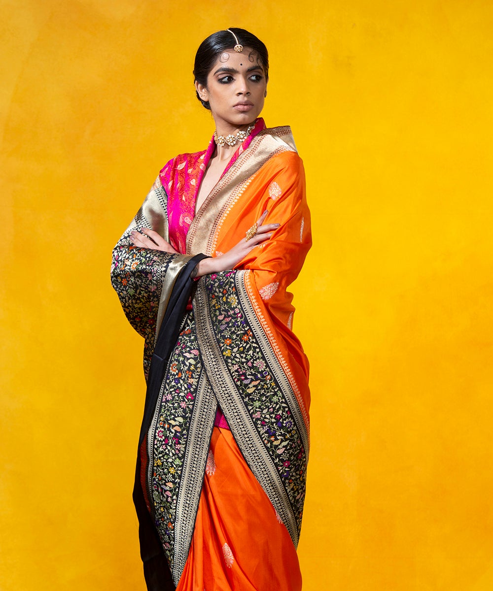Orange_Handloom_Kadhwa_Booti_Pure_Katan_Silk_Banarasi_Saree_With_Five_Color_Meenakari_Border_WeaverStory_01