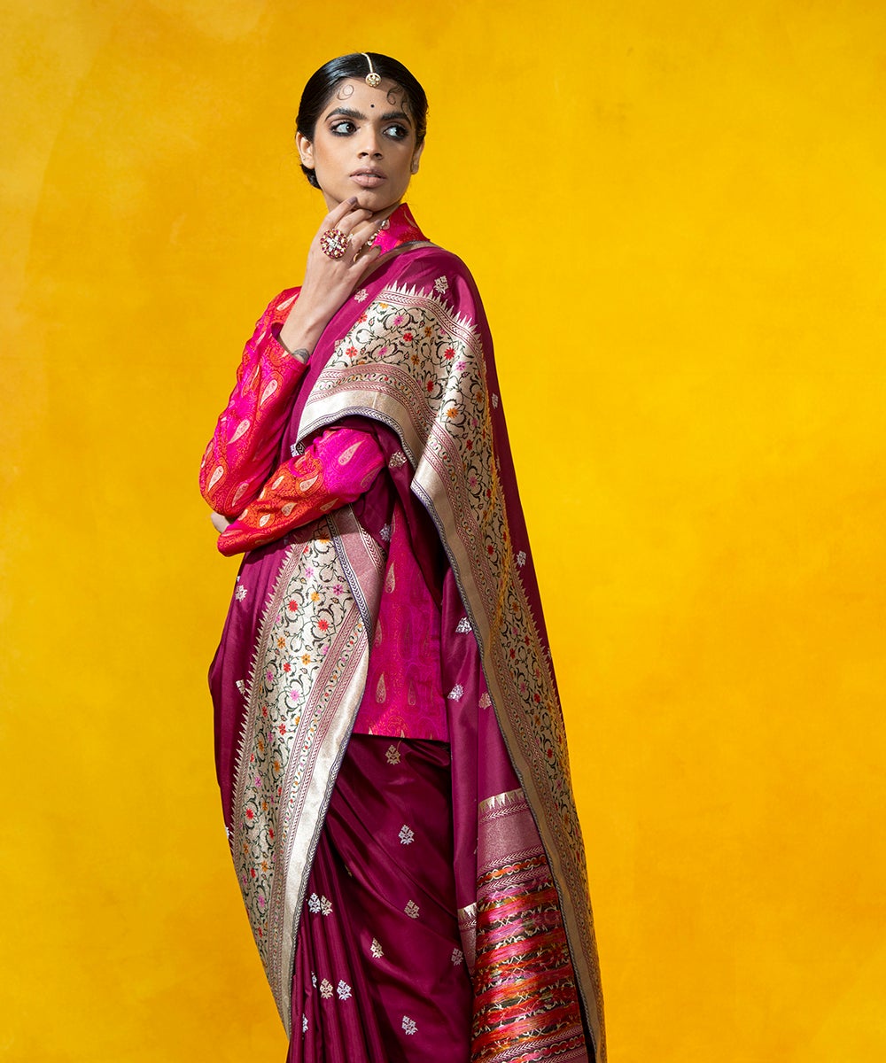 Wine_Handloom_Kadhwa_Booti_Pure_Katan_Silk_Banarasi_Saree_With_5_Color_Meenakari_Border_WeaverStory_01