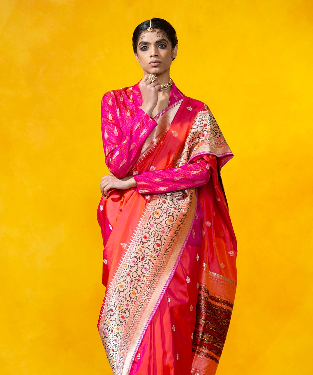 Handloom_Pink_And_Orange_Pure_Katan_Silk_Banarasi_Saree_With_Kadhwa_Booti_and_Five_Color_Meenakari_Border_WeaverStory_01