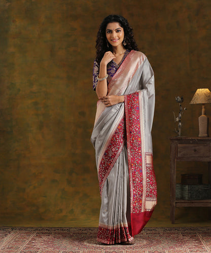 Handloom_Grey_Pure_Katan_Silk_Kadhwa_Booti_Banarasi_Saree_With_5_Color_Meenakari_Border_WeaverStory_02