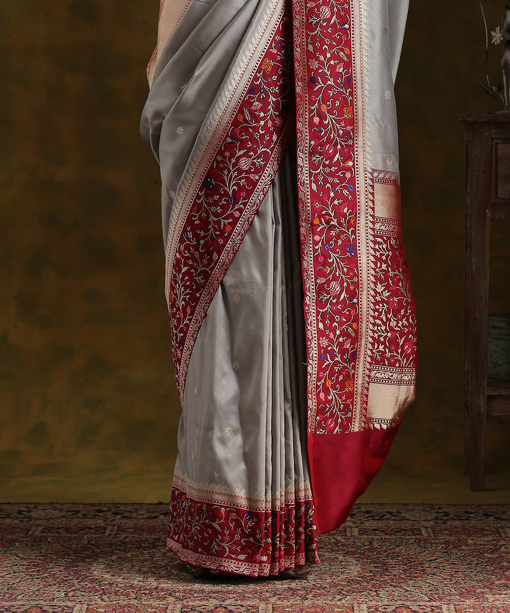 Handloom_Grey_Pure_Katan_Silk_Kadhwa_Booti_Banarasi_Saree_With_5_Color_Meenakari_Border_WeaverStory_04