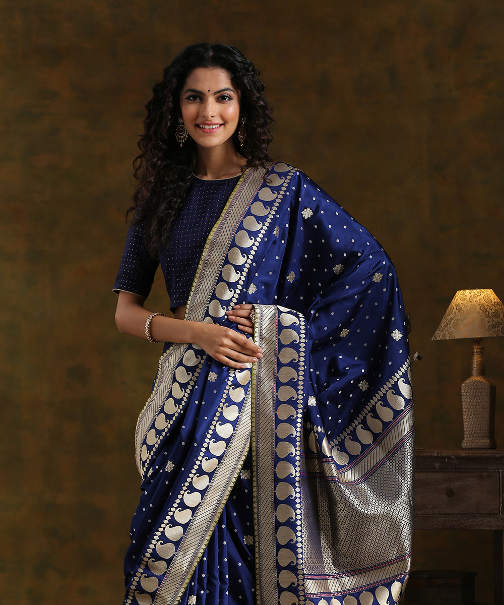 Blue_Handloom_Pure_Katan_Silk_Kadhwa_Booti_Banarasi_Saree_With_Paisley_Border_WeaverStory_01