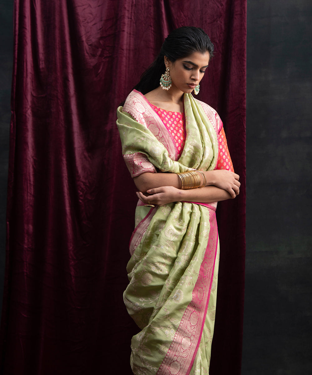 Pista_Green_Handloom_Katan_Tissue_Banarasi_Saree_With_Meenakari_Jaal_And_Pink_Border_WeaverStory_01