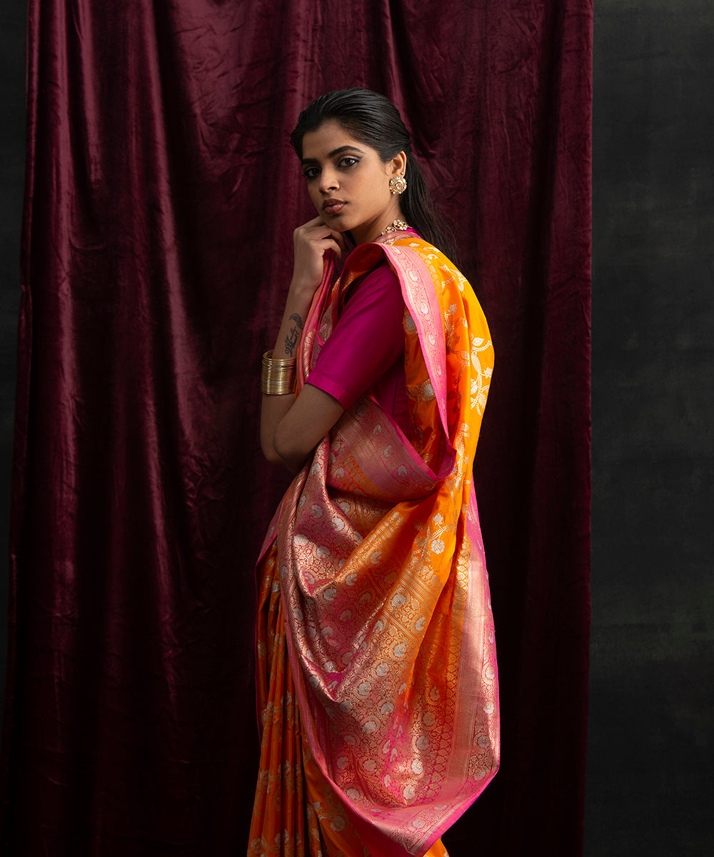 Handloom_Orange_Pure_Katan_Silk_Banarasi_Saree_with_Kadhwa_Jangla_and_Pink_Border_WeaverStory_01