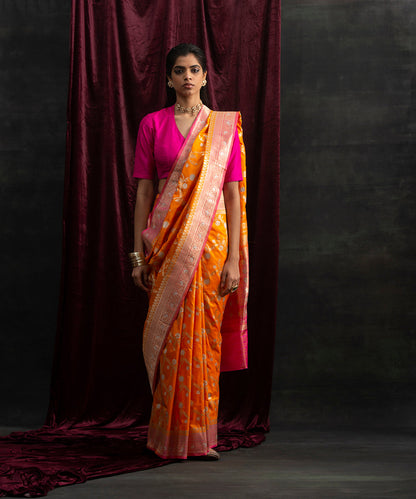 Handloom_Orange_Pure_Katan_Silk_Banarasi_Saree_with_Kadhwa_Jangla_and_Pink_Border_WeaverStory_02