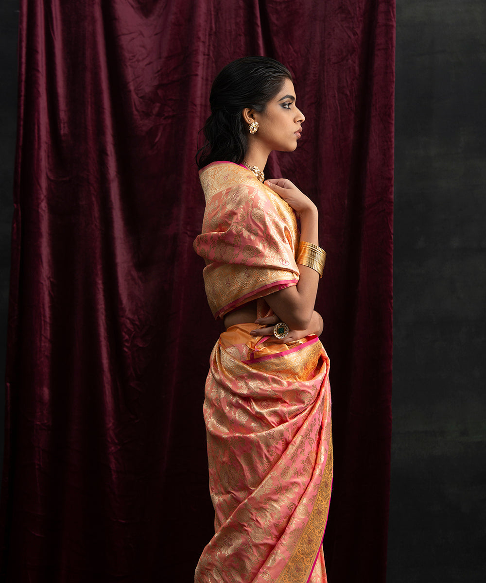 Peach_Handloom_Kadhwa_Jangla_Pure_Katan_Silk_Banarasi_Saree_With_Yellow_Border_WeaverStory_01