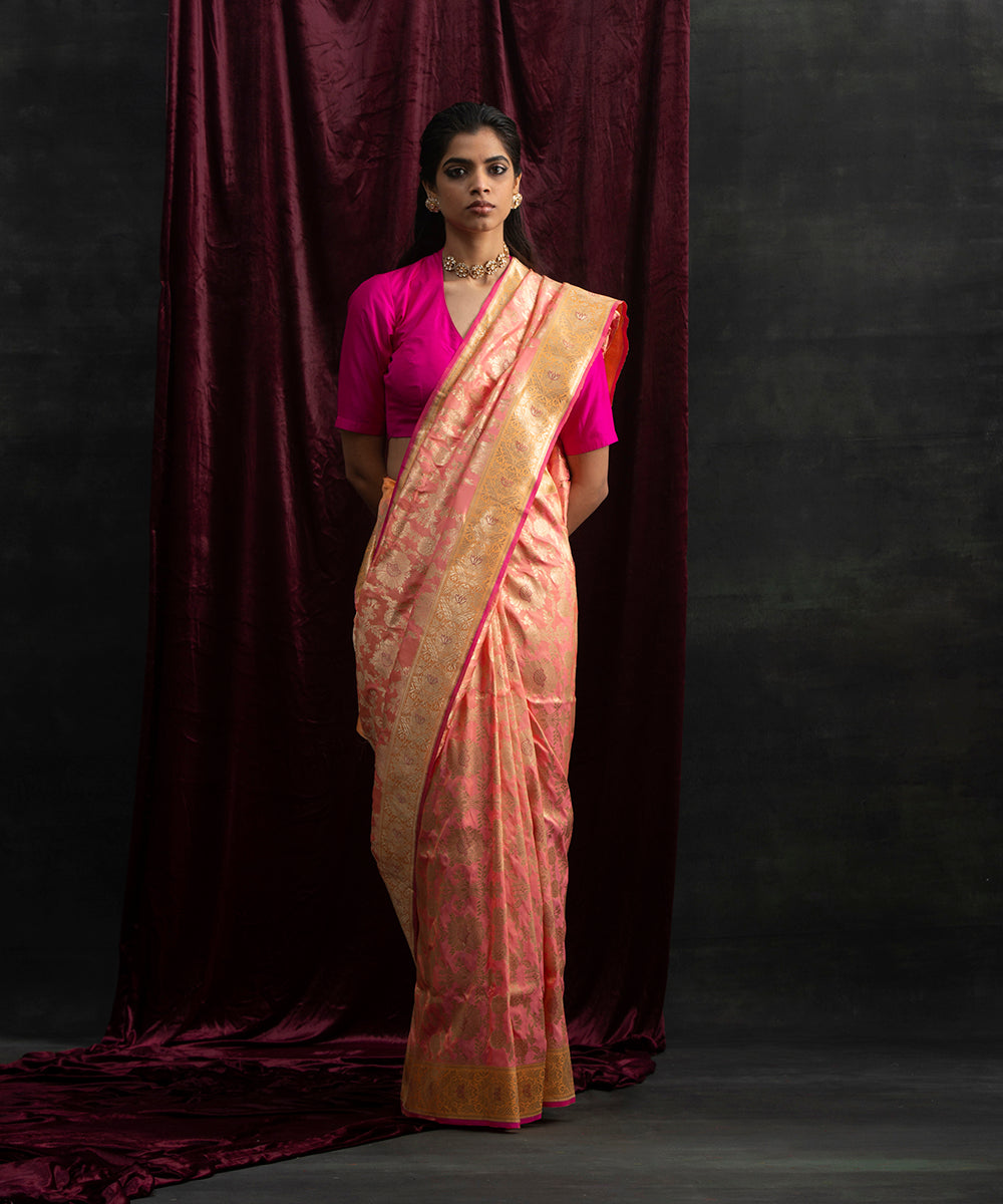 Peach_Handloom_Kadhwa_Jangla_Pure_Katan_Silk_Banarasi_Saree_With_Yellow_Border_WeaverStory_02