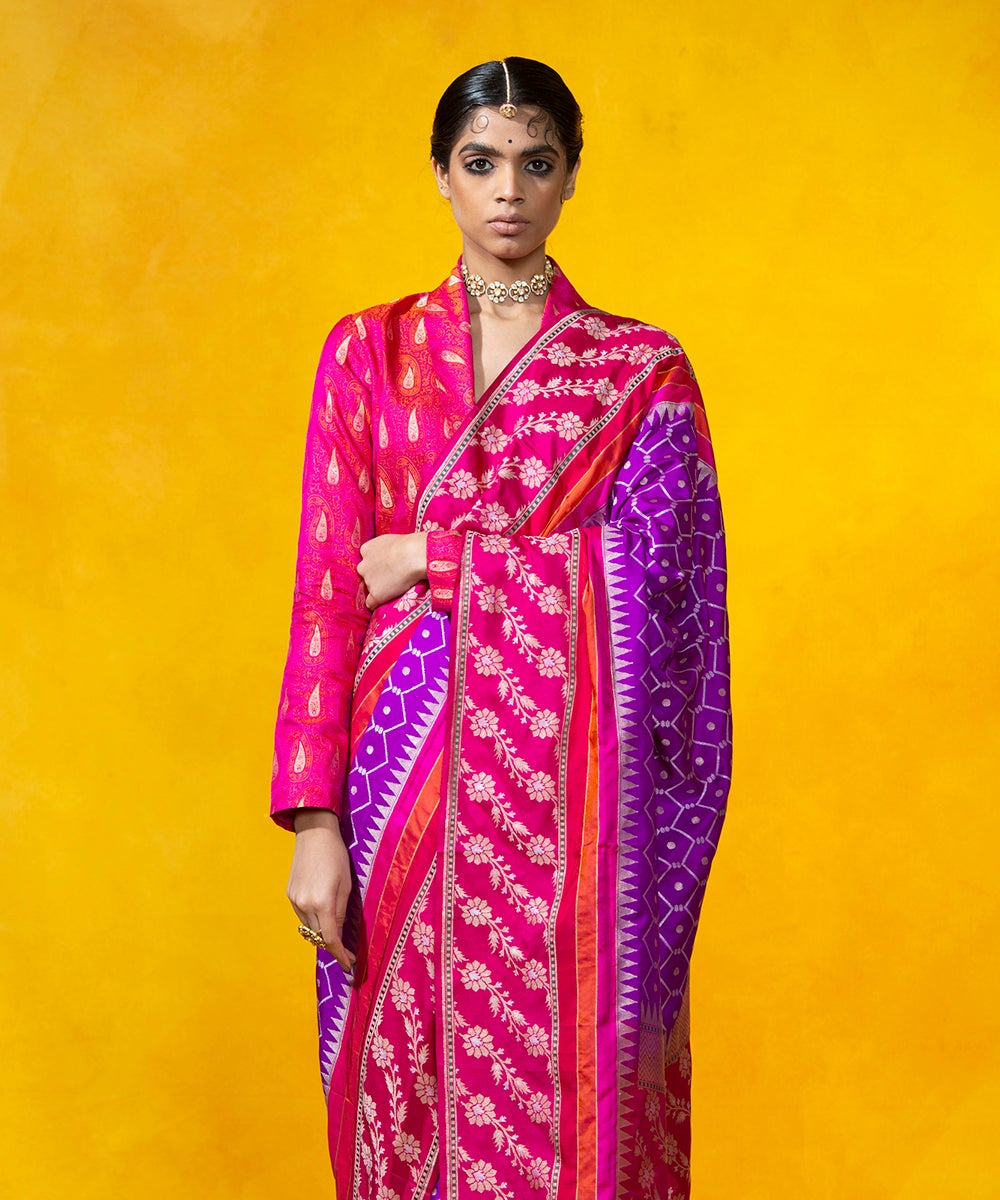 Purple_Handloom_Cutwork_Jamdani_Pure_Katan_Silk_Banarasi_Saree_With_Pink_Broad_Border_WeaverStory_01