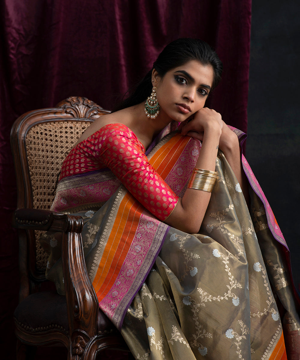 Handloom_Olive_And_Gold_Tissue_Silk_Banarasi_Saree_with_Jangla_and_Colored_Stripes_Border_WeaverStory_01