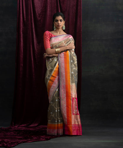 Handloom_Olive_And_Gold_Tissue_Silk_Banarasi_Saree_with_Jangla_and_Colored_Stripes_Border_WeaverStory_02