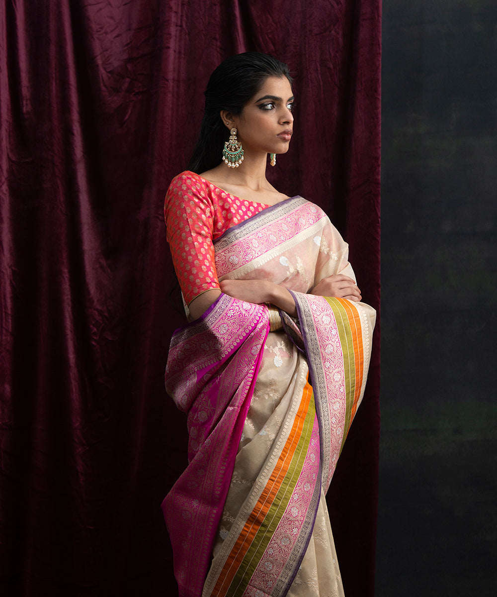 Beige_And_Gold_Handloom_Tissue_Silk_Banarasi_Saree_with_Jangla_and_Colored_Stripes_Border_WeaverStory_01