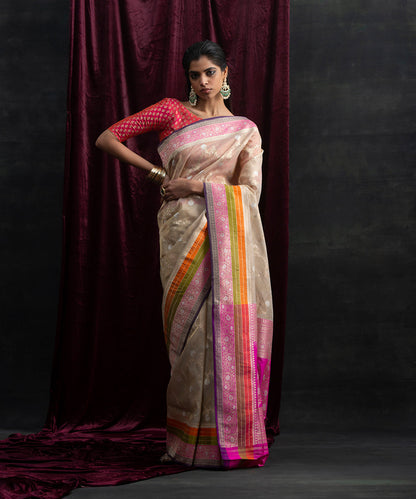 Beige_And_Gold_Handloom_Tissue_Silk_Banarasi_Saree_with_Jangla_and_Colored_Stripes_Border_WeaverStory_02