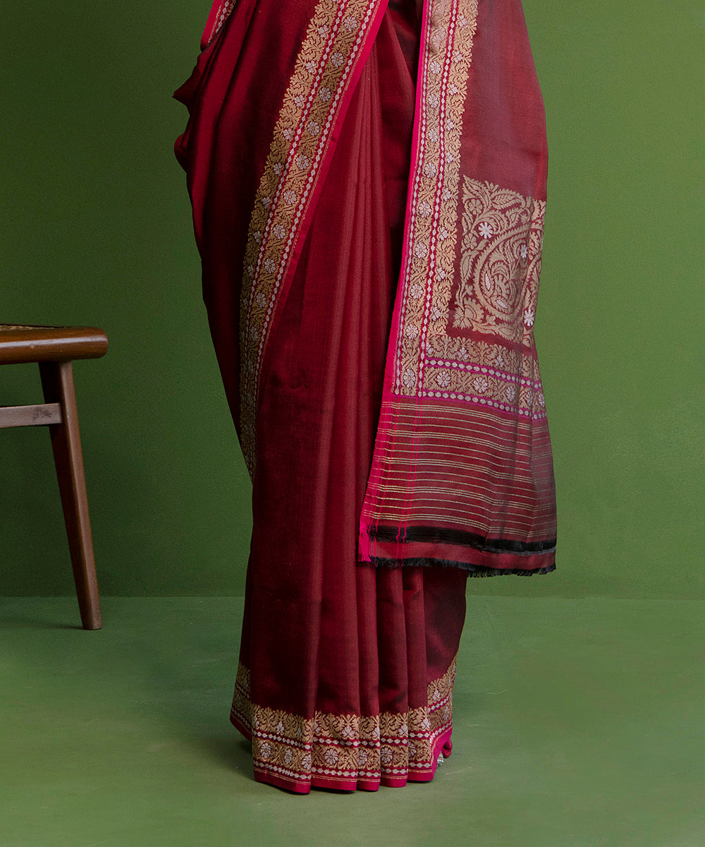 Maroon_Handloom_Ektara_Plain_Pure_Katan_Silk_Banarasi_Saree_With_Jamdani_Border_WeaverStory_04