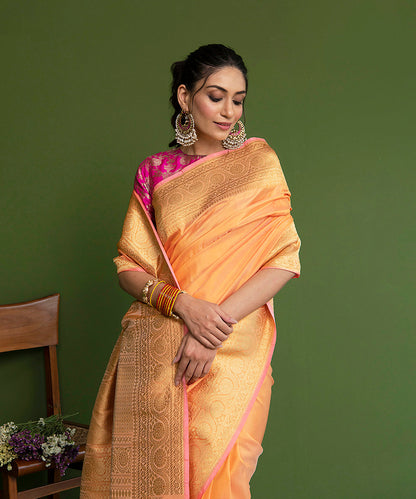 Orange_Handloom_Plain_Pure_Katan_Silk_Banarasi_Saree_With_Kadhwa_Border_Pallu_WeaverStory_01