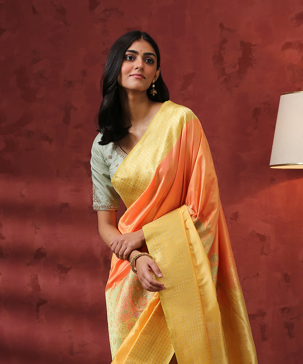Handloom_Peach_And_Orange_Rangkaat_Pure_Katan_Silk_Banarasi_Saree_WeaverStory_01