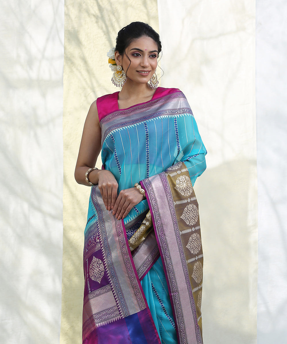 Handloom Aqua Kora Silk Banarasi Saree With Olive Broad Border 