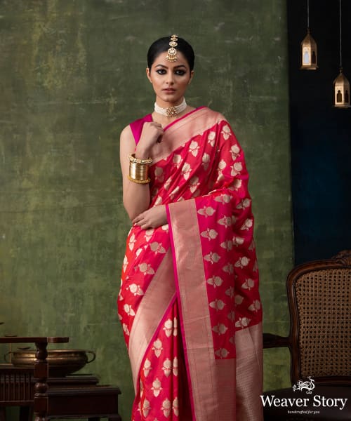 Handloom_Hot_Pink_Pure_Katan_Silk_Banarasi_Saree_with_Floral_Motifs_and_Cutwork_Weave_WeaverStory_01