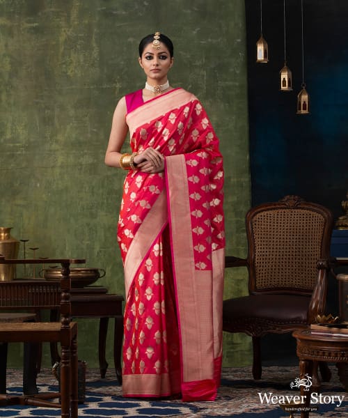 Handloom_Hot_Pink_Pure_Katan_Silk_Banarasi_Saree_with_Floral_Motifs_and_Cutwork_Weave_WeaverStory_02