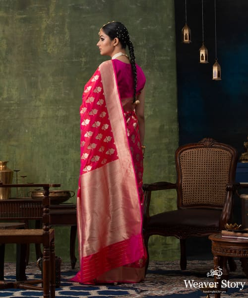 Handloom_Hot_Pink_Pure_Katan_Silk_Banarasi_Saree_with_Floral_Motifs_and_Cutwork_Weave_WeaverStory_03