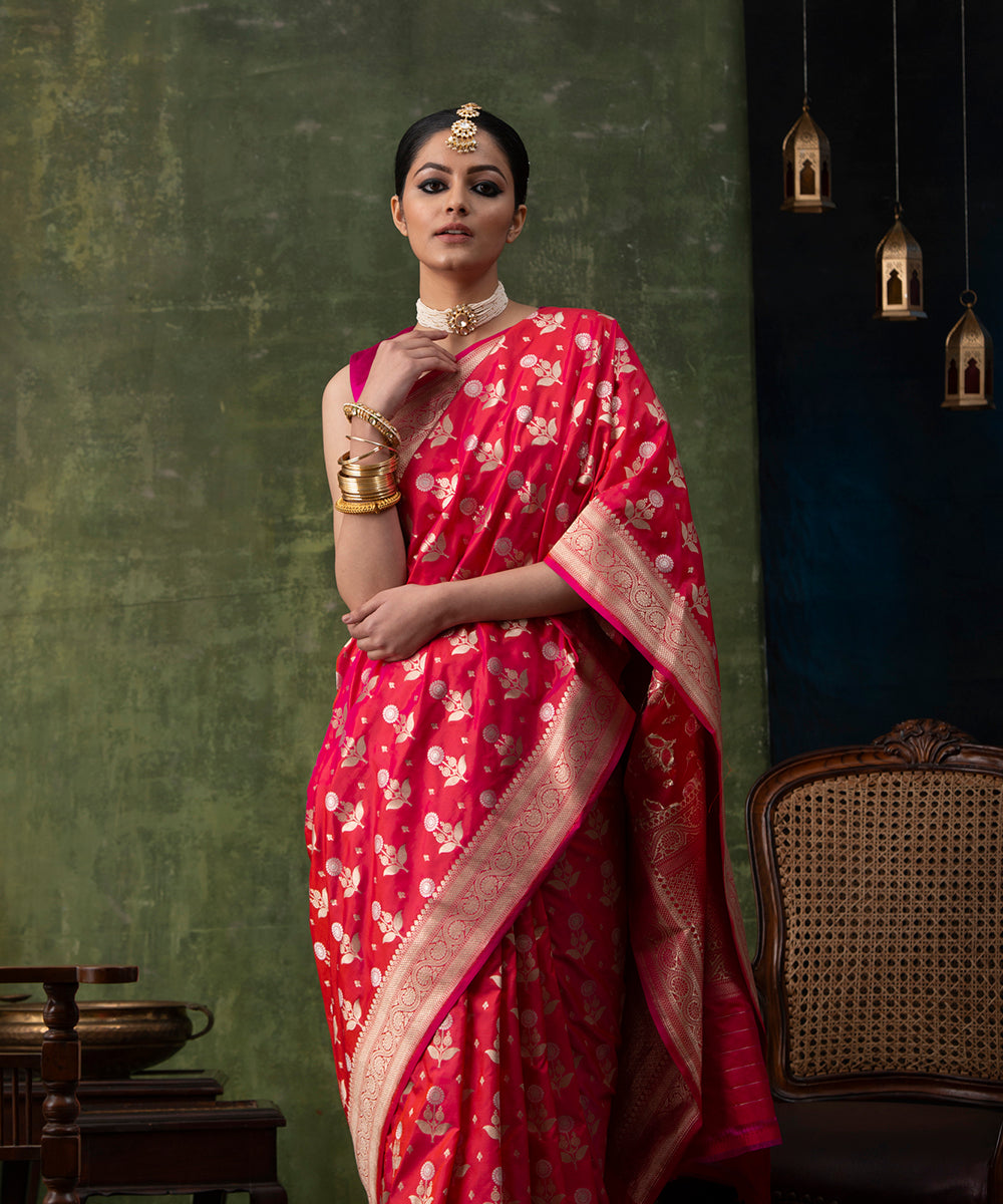 Hot_Pink_Handloom_Pure_Katan_Silk_Banarasi_Saree_with_Gold_and_Silver_Sunflower_Motifs_WeaverStory_01