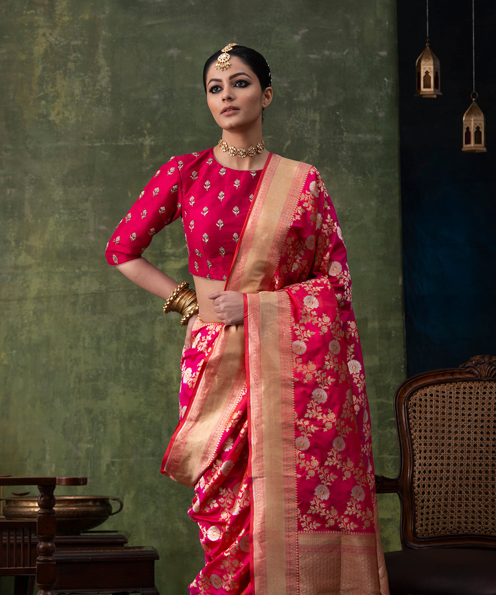 Handloom_Hot_Pink_Pure_Katan_Silk_Banarasi_Saree_with_Cutwork_Sona_Rupa_Jaal_WeaverStory_01