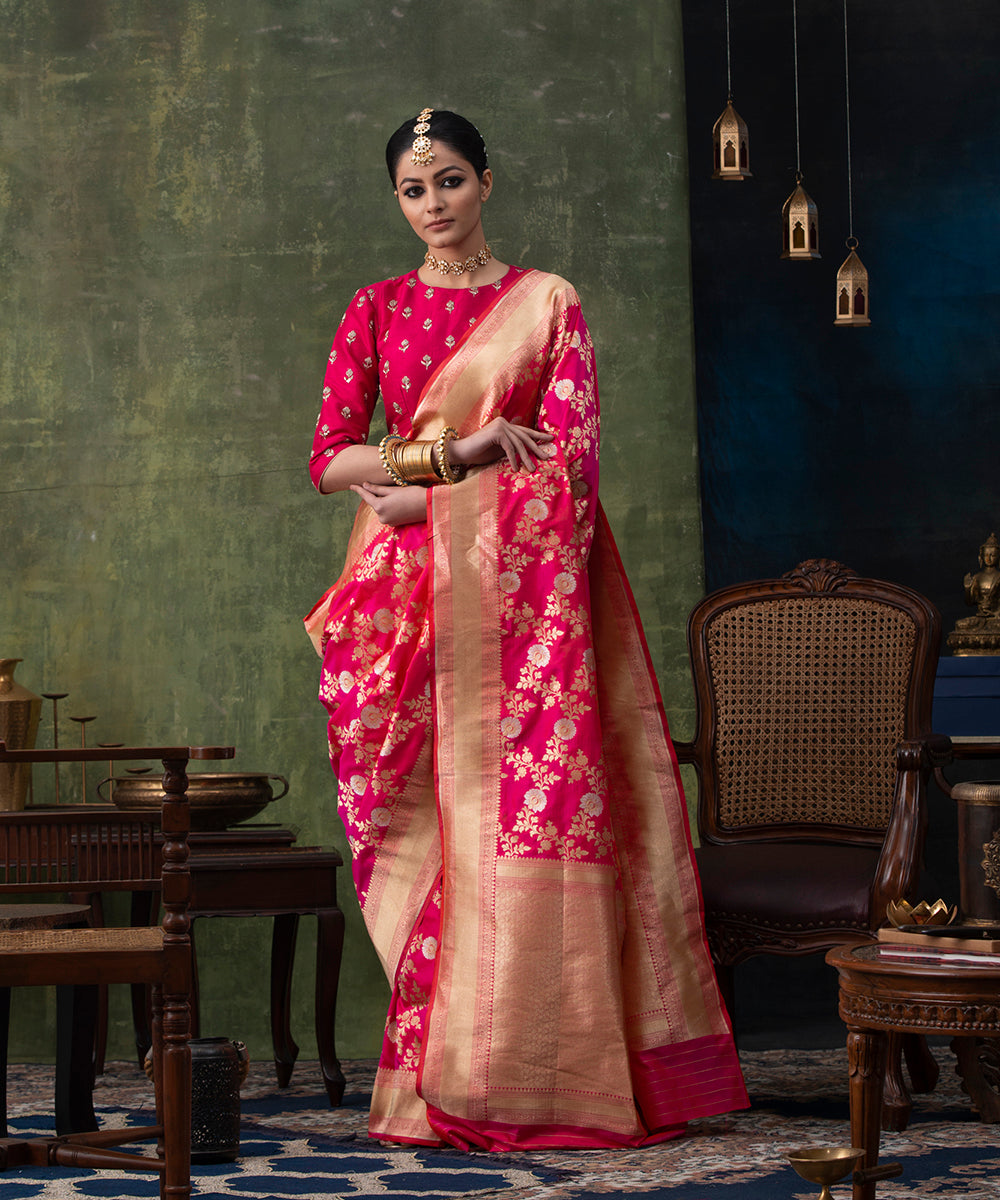 Handloom_Hot_Pink_Pure_Katan_Silk_Banarasi_Saree_with_Cutwork_Sona_Rupa_Jaal_WeaverStory_02