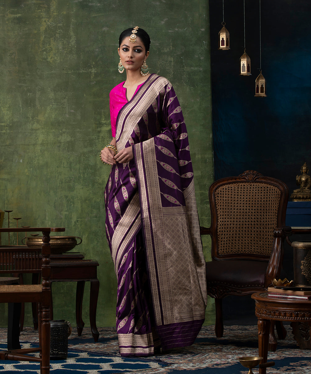 Purple_Handloom_Pure_Katan_Silk_Banarasi_Saree_with_Diagonal_Meenakari_Bel_WeaverStory_02