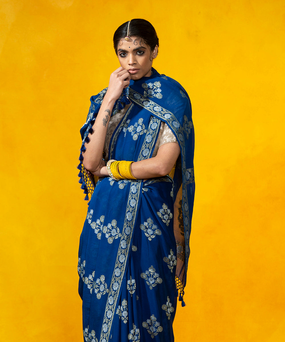 Handloom_Royal_Blue_Cutwork_Boota_Banarasi_Saree_With_Floral_Boota_WeaverStory_01