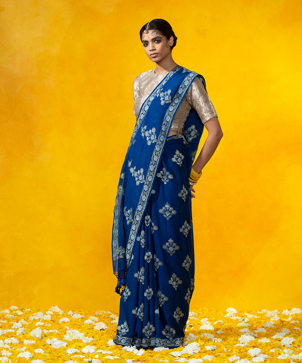 Handloom_Royal_Blue_Cutwork_Boota_Banarasi_Saree_With_Floral_Boota_WeaverStory_02