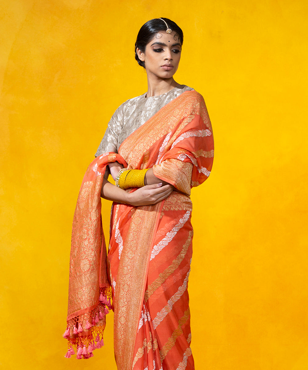 Handloom_Coral_Orange_Banarasi_Georgette_Saree_With_Gold_And_Silver_Zari_Aada_Bel_WeaverStory_01
