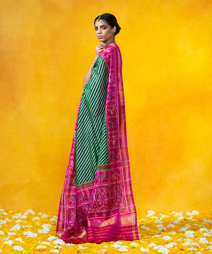 Green_Handloom_Mulberry_Silk_Diagonal_Weave_Ikat_Patola_Saree_With_Pink_Border_WeaverStory_03