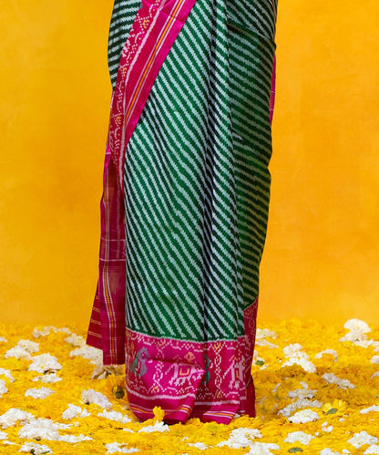 Green_Handloom_Mulberry_Silk_Diagonal_Weave_Ikat_Patola_Saree_With_Pink_Border_WeaverStory_04