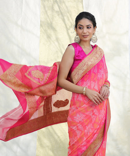 Handloom_Pink_And_Peach_Banarasi_Bandhej_Saree_with_Kadhwa_Booti_WeaverStory_01