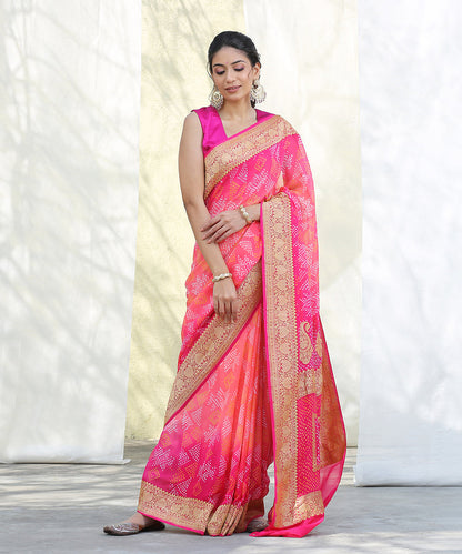 Handloom_Pink_And_Peach_Banarasi_Bandhej_Saree_with_Kadhwa_Booti_WeaverStory_02