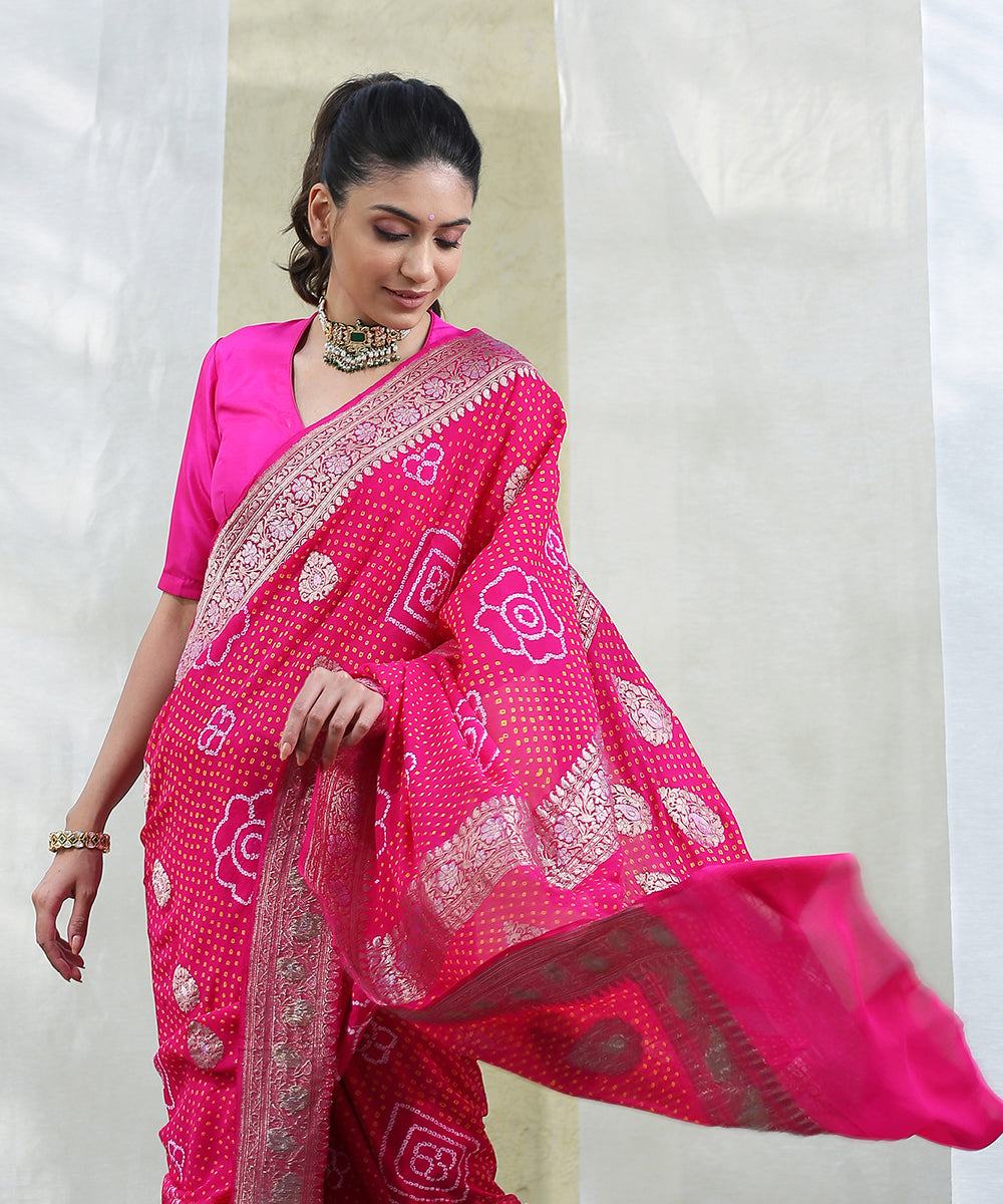 Rani_Pink_Handloom_Georgette_Banarasi_Bandhej_Saree_with_Kadhwa_Booti_WeaverStory_01