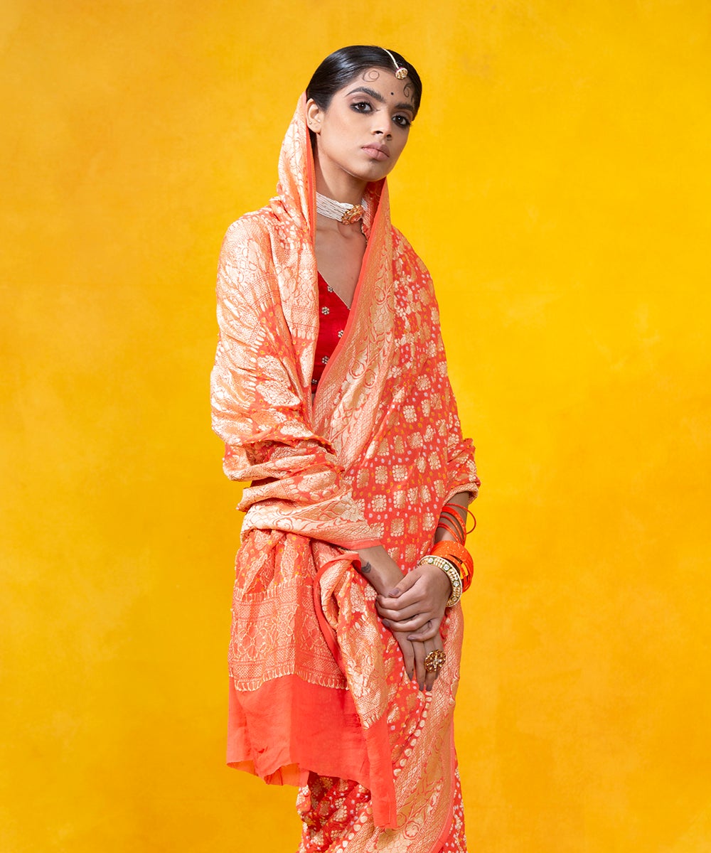 Handloom_Orange_Georgette_Banarasi_Bandhej_Saree_With_Cutwork_Weave_WeaverStory_01