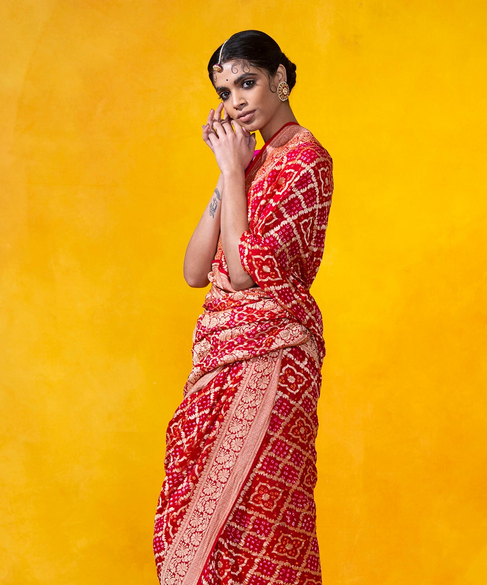 Red_Handloom_Georgette_Banarasi_Bandhej_Saree_With_Cutwork_Weave_WeaverStory_01