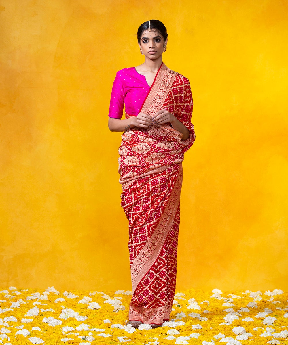 Red_Handloom_Georgette_Banarasi_Bandhej_Saree_With_Cutwork_Weave_WeaverStory_02