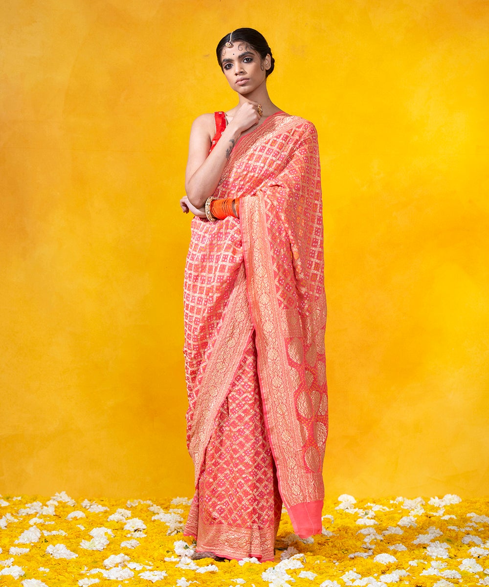 Handloom_Peach_Georgette_Banarasi_Bandhej_Saree_With_Cutwork_Weave_WeaverStory_02